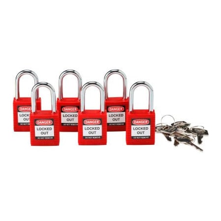Brady Brady Lockout Padlock, Keyed Alike, 1-1/2", Plastic Covered Steel, Red, 6/Pack 105890